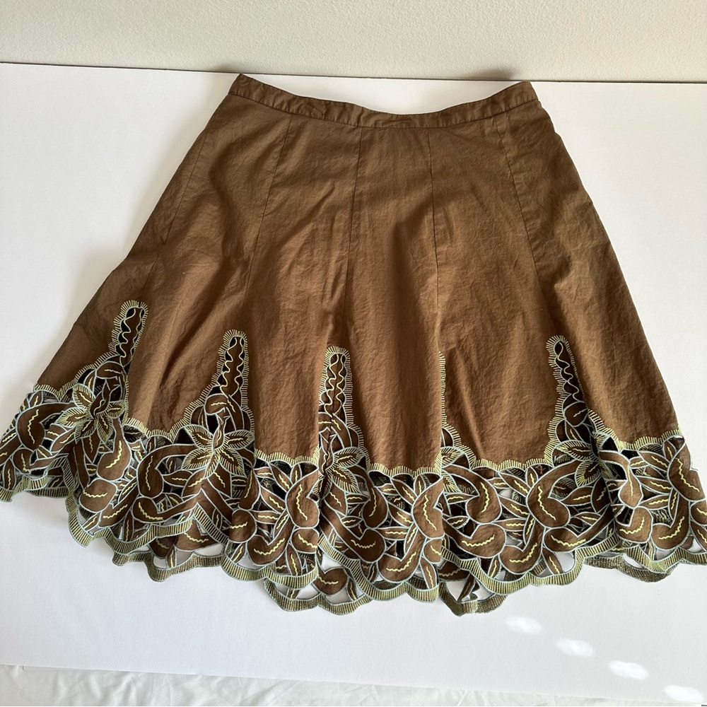 Grace Dane Lewis‎ Brown Knee Length Skirt Embroidered Hem Size 10 Side Zip